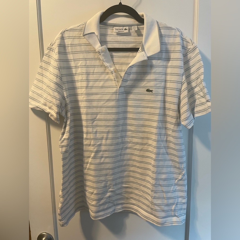 Lacoste Regular Fit Short Sleeve Polo Shirt White w Light Blue Stripes Size XXL